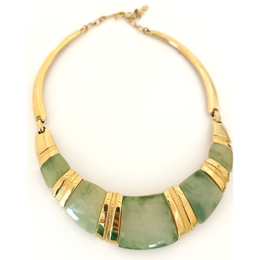 Vintage Pierre Cardin Necklace Jade Green Lucite Gold Tone Collar Statement